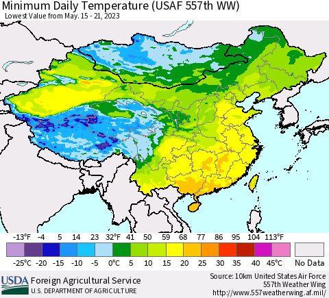 China, Mongolia and Taiwan Minimum Daily Temperature (USAF 557th WW) Thematic Map For 5/15/2023 - 5/21/2023