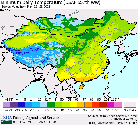 China, Mongolia and Taiwan Minimum Daily Temperature (USAF 557th WW) Thematic Map For 5/22/2023 - 5/28/2023