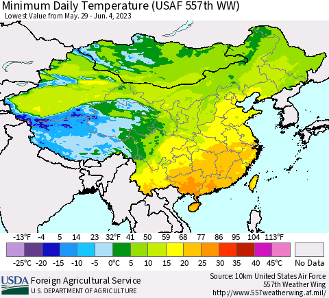 China, Mongolia and Taiwan Minimum Daily Temperature (USAF 557th WW) Thematic Map For 5/29/2023 - 6/4/2023