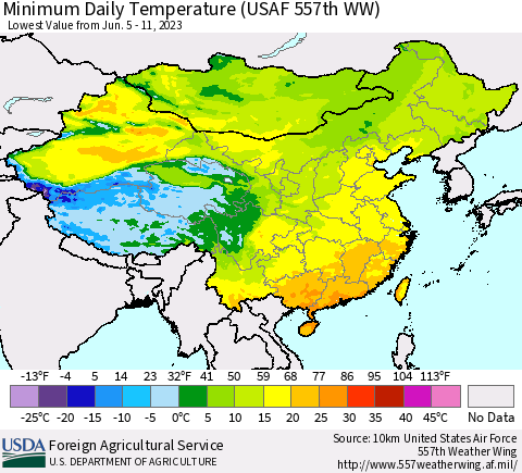 China, Mongolia and Taiwan Minimum Daily Temperature (USAF 557th WW) Thematic Map For 6/5/2023 - 6/11/2023