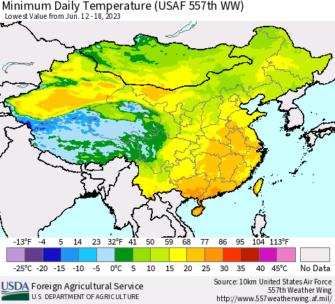 China, Mongolia and Taiwan Minimum Daily Temperature (USAF 557th WW) Thematic Map For 6/12/2023 - 6/18/2023