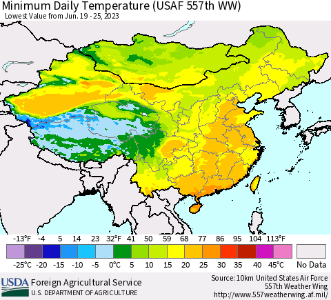 China, Mongolia and Taiwan Minimum Daily Temperature (USAF 557th WW) Thematic Map For 6/19/2023 - 6/25/2023