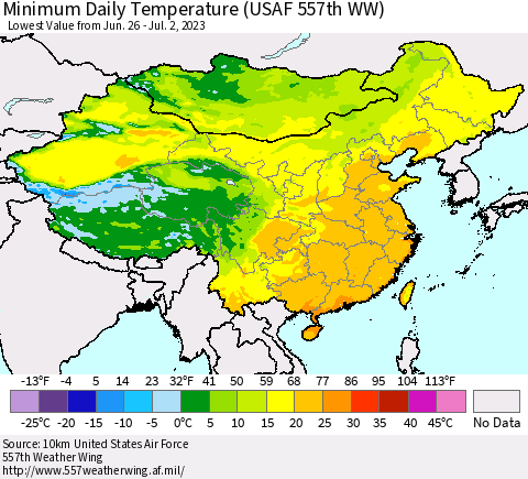China, Mongolia and Taiwan Minimum Daily Temperature (USAF 557th WW) Thematic Map For 6/26/2023 - 7/2/2023