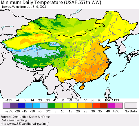 China, Mongolia and Taiwan Minimum Daily Temperature (USAF 557th WW) Thematic Map For 7/3/2023 - 7/9/2023
