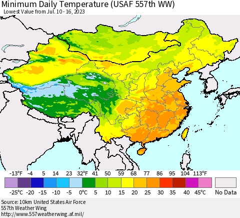 China, Mongolia and Taiwan Minimum Daily Temperature (USAF 557th WW) Thematic Map For 7/10/2023 - 7/16/2023