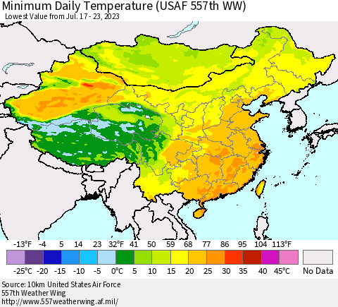 China, Mongolia and Taiwan Minimum Daily Temperature (USAF 557th WW) Thematic Map For 7/17/2023 - 7/23/2023