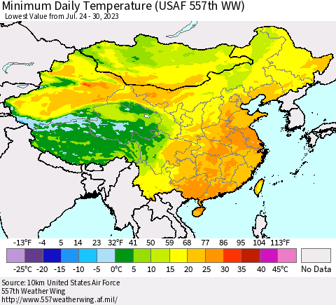 China, Mongolia and Taiwan Minimum Daily Temperature (USAF 557th WW) Thematic Map For 7/24/2023 - 7/30/2023