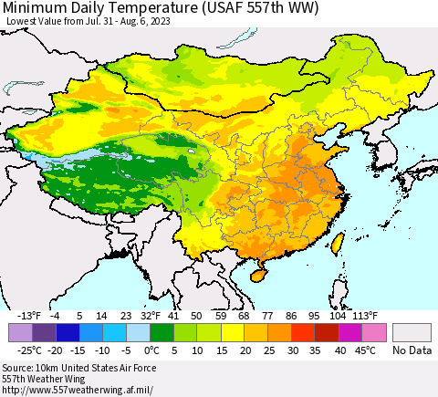 China, Mongolia and Taiwan Minimum Daily Temperature (USAF 557th WW) Thematic Map For 7/31/2023 - 8/6/2023
