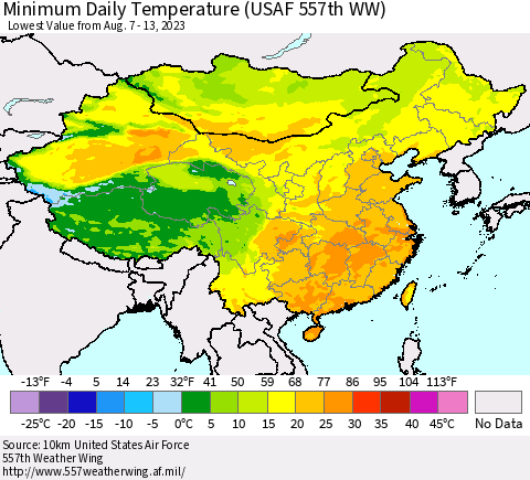 China, Mongolia and Taiwan Minimum Daily Temperature (USAF 557th WW) Thematic Map For 8/7/2023 - 8/13/2023