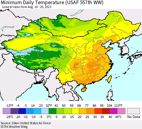 China, Mongolia and Taiwan Minimum Daily Temperature (USAF 557th WW) Thematic Map For 8/14/2023 - 8/20/2023