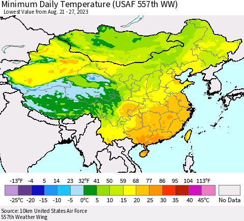 China, Mongolia and Taiwan Minimum Daily Temperature (USAF 557th WW) Thematic Map For 8/21/2023 - 8/27/2023