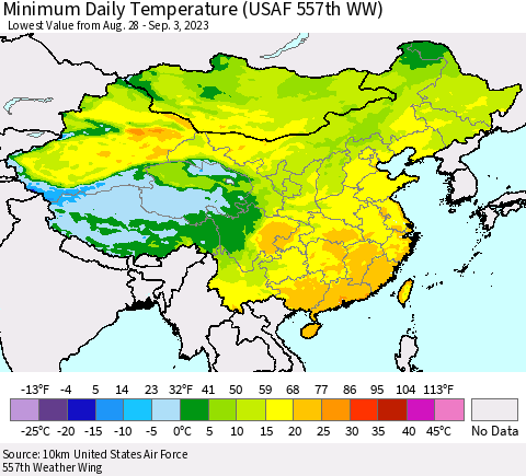 China, Mongolia and Taiwan Minimum Daily Temperature (USAF 557th WW) Thematic Map For 8/28/2023 - 9/3/2023