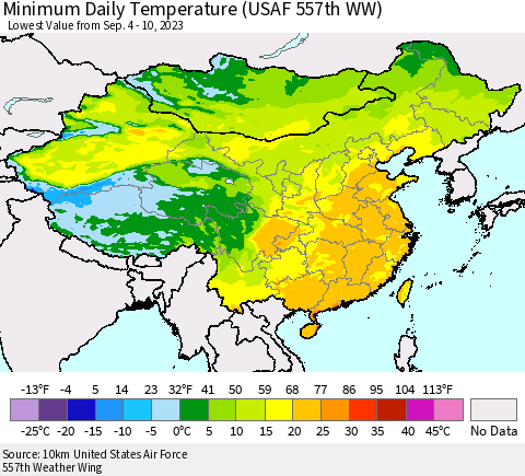 China, Mongolia and Taiwan Minimum Daily Temperature (USAF 557th WW) Thematic Map For 9/4/2023 - 9/10/2023