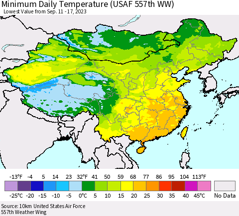 China, Mongolia and Taiwan Minimum Daily Temperature (USAF 557th WW) Thematic Map For 9/11/2023 - 9/17/2023