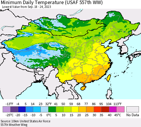 China, Mongolia and Taiwan Minimum Daily Temperature (USAF 557th WW) Thematic Map For 9/18/2023 - 9/24/2023