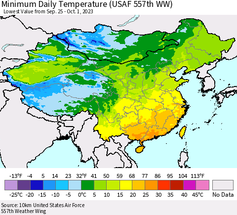 China, Mongolia and Taiwan Minimum Daily Temperature (USAF 557th WW) Thematic Map For 9/25/2023 - 10/1/2023