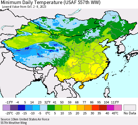 China, Mongolia and Taiwan Minimum Daily Temperature (USAF 557th WW) Thematic Map For 10/2/2023 - 10/8/2023