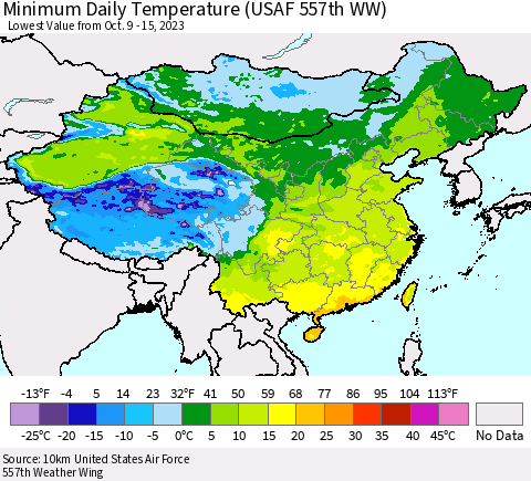 China, Mongolia and Taiwan Minimum Daily Temperature (USAF 557th WW) Thematic Map For 10/9/2023 - 10/15/2023