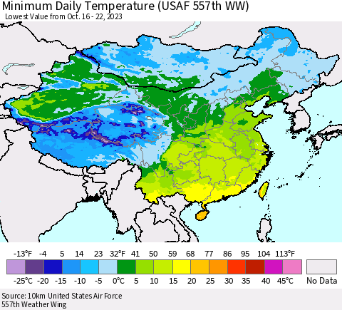 China, Mongolia and Taiwan Minimum Daily Temperature (USAF 557th WW) Thematic Map For 10/16/2023 - 10/22/2023