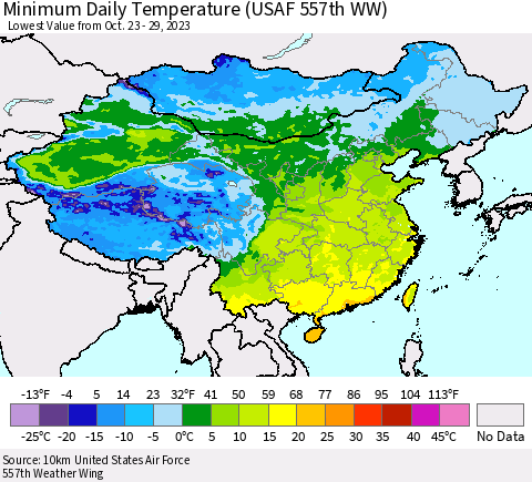 China, Mongolia and Taiwan Minimum Daily Temperature (USAF 557th WW) Thematic Map For 10/23/2023 - 10/29/2023