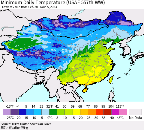 China, Mongolia and Taiwan Minimum Daily Temperature (USAF 557th WW) Thematic Map For 10/30/2023 - 11/5/2023