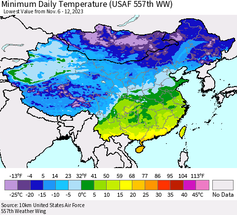 China, Mongolia and Taiwan Minimum Daily Temperature (USAF 557th WW) Thematic Map For 11/6/2023 - 11/12/2023
