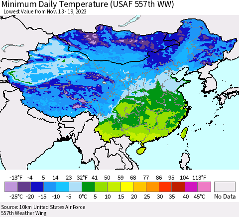 China, Mongolia and Taiwan Minimum Daily Temperature (USAF 557th WW) Thematic Map For 11/13/2023 - 11/19/2023