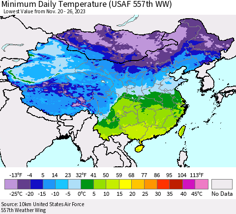 China, Mongolia and Taiwan Minimum Daily Temperature (USAF 557th WW) Thematic Map For 11/20/2023 - 11/26/2023