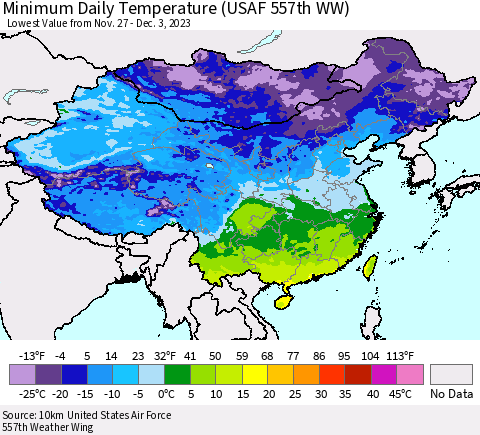 China, Mongolia and Taiwan Minimum Daily Temperature (USAF 557th WW) Thematic Map For 11/27/2023 - 12/3/2023