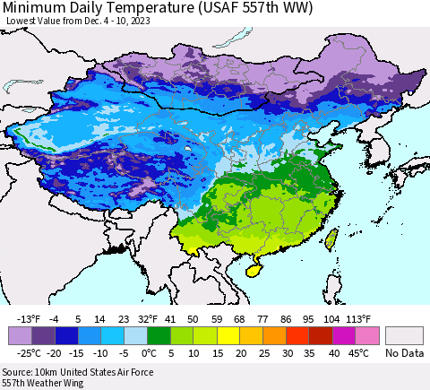 China, Mongolia and Taiwan Minimum Daily Temperature (USAF 557th WW) Thematic Map For 12/4/2023 - 12/10/2023