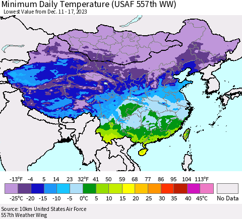 China, Mongolia and Taiwan Minimum Daily Temperature (USAF 557th WW) Thematic Map For 12/11/2023 - 12/17/2023