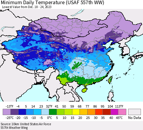 China, Mongolia and Taiwan Minimum Daily Temperature (USAF 557th WW) Thematic Map For 12/18/2023 - 12/24/2023