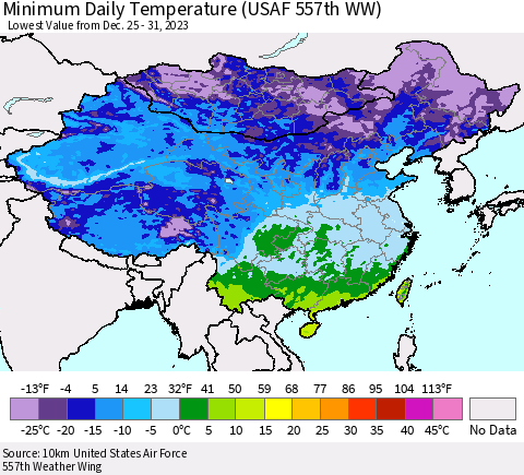 China, Mongolia and Taiwan Minimum Daily Temperature (USAF 557th WW) Thematic Map For 12/25/2023 - 12/31/2023