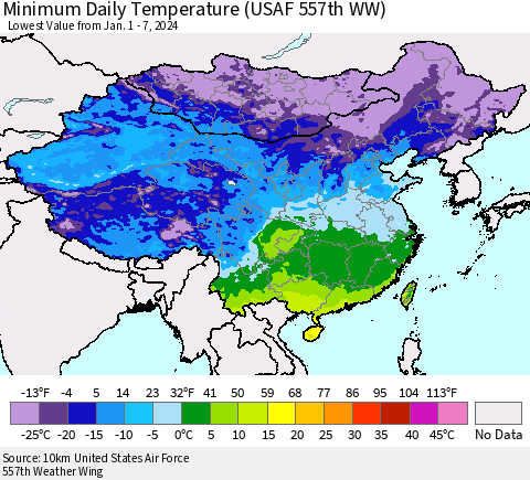 China, Mongolia and Taiwan Minimum Daily Temperature (USAF 557th WW) Thematic Map For 1/1/2024 - 1/7/2024