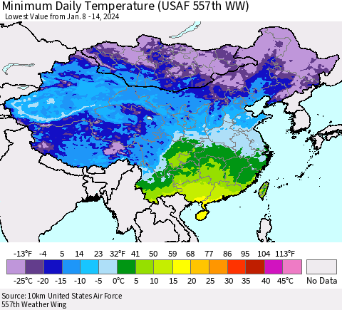 China, Mongolia and Taiwan Minimum Daily Temperature (USAF 557th WW) Thematic Map For 1/8/2024 - 1/14/2024