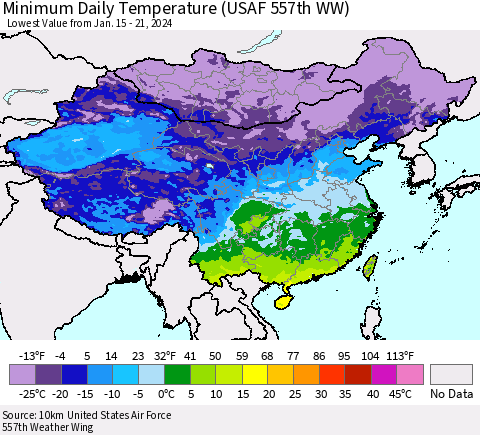 China, Mongolia and Taiwan Minimum Daily Temperature (USAF 557th WW) Thematic Map For 1/15/2024 - 1/21/2024