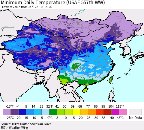 China, Mongolia and Taiwan Minimum Daily Temperature (USAF 557th WW) Thematic Map For 1/22/2024 - 1/28/2024