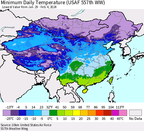 China, Mongolia and Taiwan Minimum Daily Temperature (USAF 557th WW) Thematic Map For 1/29/2024 - 2/4/2024