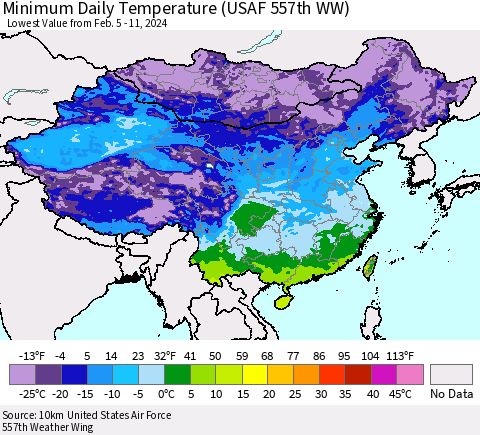 China, Mongolia and Taiwan Minimum Daily Temperature (USAF 557th WW) Thematic Map For 2/5/2024 - 2/11/2024