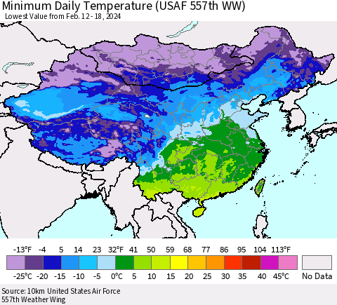 China, Mongolia and Taiwan Minimum Daily Temperature (USAF 557th WW) Thematic Map For 2/12/2024 - 2/18/2024