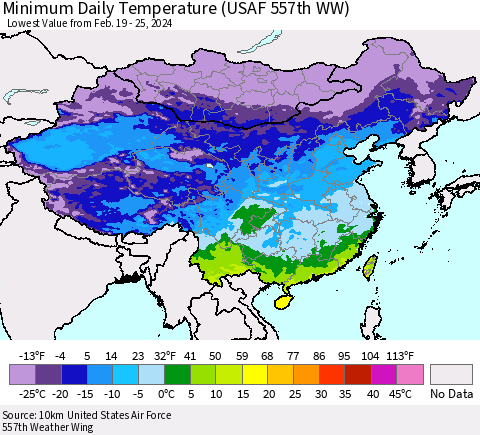 China, Mongolia and Taiwan Minimum Daily Temperature (USAF 557th WW) Thematic Map For 2/19/2024 - 2/25/2024
