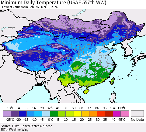 China, Mongolia and Taiwan Minimum Daily Temperature (USAF 557th WW) Thematic Map For 2/26/2024 - 3/3/2024