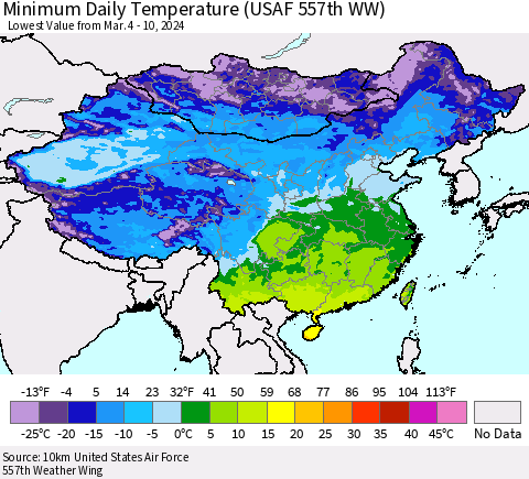 China, Mongolia and Taiwan Minimum Daily Temperature (USAF 557th WW) Thematic Map For 3/4/2024 - 3/10/2024