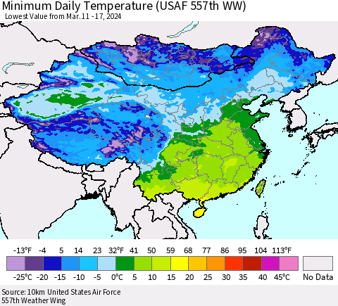 China, Mongolia and Taiwan Minimum Daily Temperature (USAF 557th WW) Thematic Map For 3/11/2024 - 3/17/2024