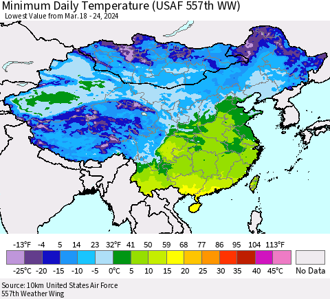China, Mongolia and Taiwan Minimum Daily Temperature (USAF 557th WW) Thematic Map For 3/18/2024 - 3/24/2024
