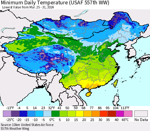China, Mongolia and Taiwan Minimum Daily Temperature (USAF 557th WW) Thematic Map For 3/25/2024 - 3/31/2024