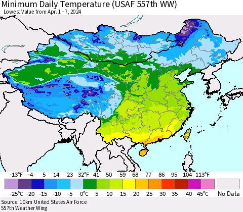 China, Mongolia and Taiwan Minimum Daily Temperature (USAF 557th WW) Thematic Map For 4/1/2024 - 4/7/2024