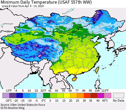 China, Mongolia and Taiwan Minimum Daily Temperature (USAF 557th WW) Thematic Map For 4/8/2024 - 4/14/2024
