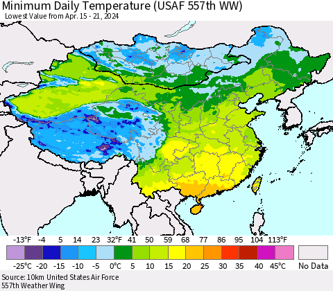 China, Mongolia and Taiwan Minimum Daily Temperature (USAF 557th WW) Thematic Map For 4/15/2024 - 4/21/2024