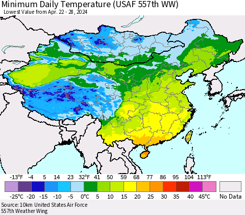 China, Mongolia and Taiwan Minimum Daily Temperature (USAF 557th WW) Thematic Map For 4/22/2024 - 4/28/2024